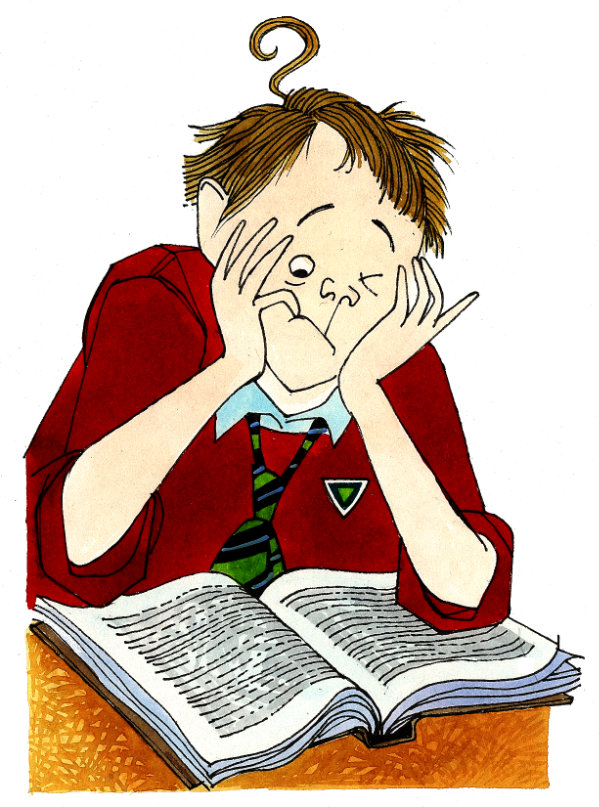 Confused school pupil looking at text book